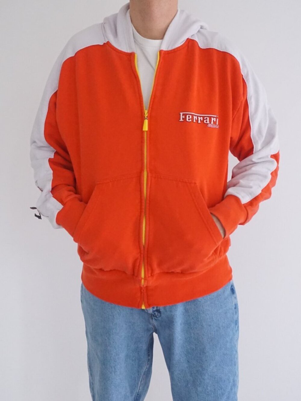 Ferrari Red White Logo Stripe Zip Front Hooded Jacket Cotton Blend Racing Large